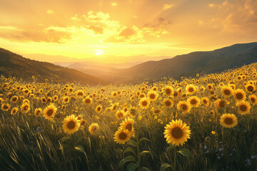 Fototapeta premium A meadow of radiant sunflowers sways in the breeze on a lush hillside, shimmering under a citrine sunset with vibrant yellow wild grasses beneath skies streaked 