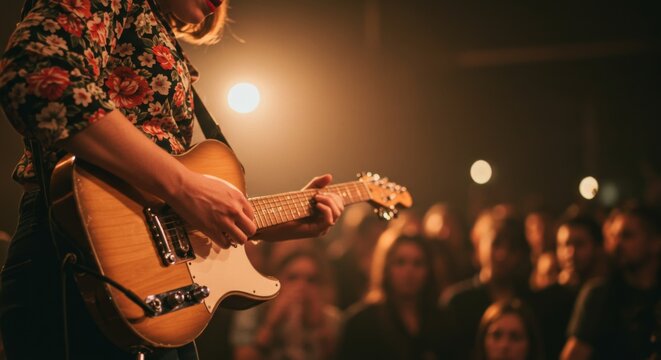 Female Guitarist in Floral Dress Performing Live on Stage with Vintage Electric Guitar Under Warm Spotlight, Concert Crowd in Background, Atmospheric Music Entertainment Photography