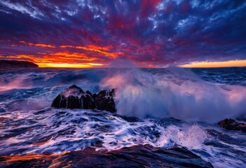 Fototapeta premium breathtaking waves crash vividly rugged coastline surrounded dramatic sunset skies brilliant colors, beach, cliffs, ocean, horizon, shore, sea, surf