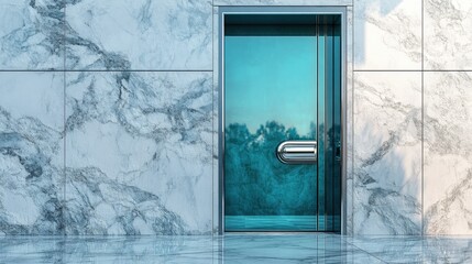 High-gloss teal door with sleek silver handle in modern marble setting