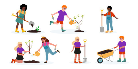 Fototapeta premium Children engage in gardening activities while planting trees in a community green space