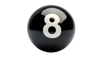 The black billiard ball with the cutout number eight isolated on a white or transparent background
