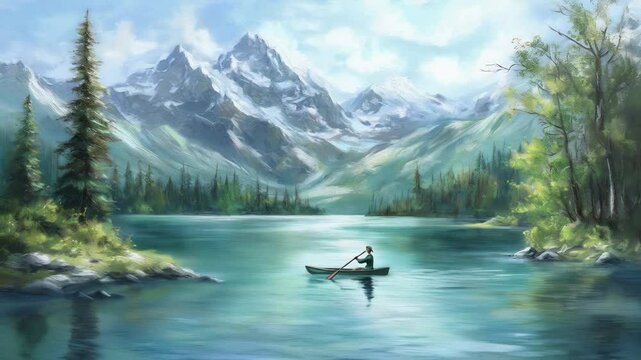 Serene Mountain Lake Escape: A lone rower finds tranquility amidst majestic peaks and a tranquil lake, nature's beauty at its finest.