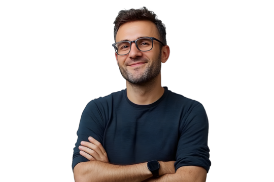 Smiling man with glasses stands confidently with arms crossed against a white background