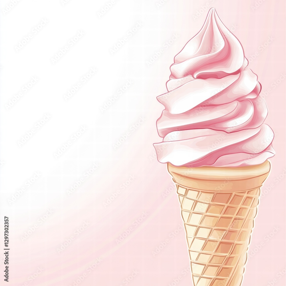 Poster delicious soft serve ice cream in a cone with a pink swirl against a light background. generative ai
