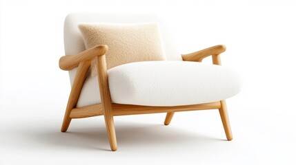 Fototapeta premium Comfortable white chair with wooden frame and pillow for a cozy interior setup. Generative AI