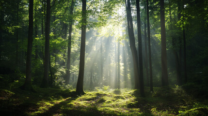 Fototapeta premium rays of sunshine passing through the branches of trees in the forest