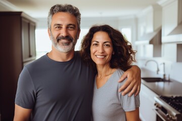 Fototapeta premium Portrait of a smiling middle aged Hispanic couple in new home