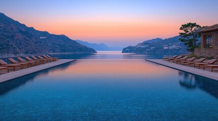 Serene infinity pool at dawn, mountain views, resort, relaxation