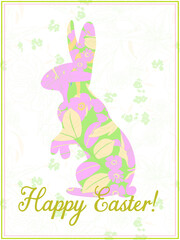 Vector Easter greeting card with decorative bunny silhouette in a floral pattern. Happy Easter spring vector greeting card for any purpose
