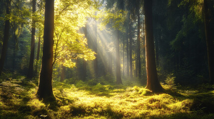 Fototapeta premium rays of sunshine passing through the branches of trees in the forest