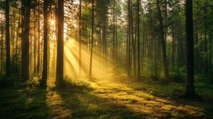 Fototapeta premium rays of sunshine passing through the branches of trees in the forest