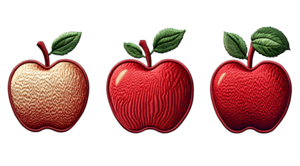 three apple embroidered patch badge on isolated transparent background png, generative ai