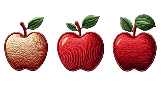 three apple embroidered patch badge on isolated transparent background png, generative ai