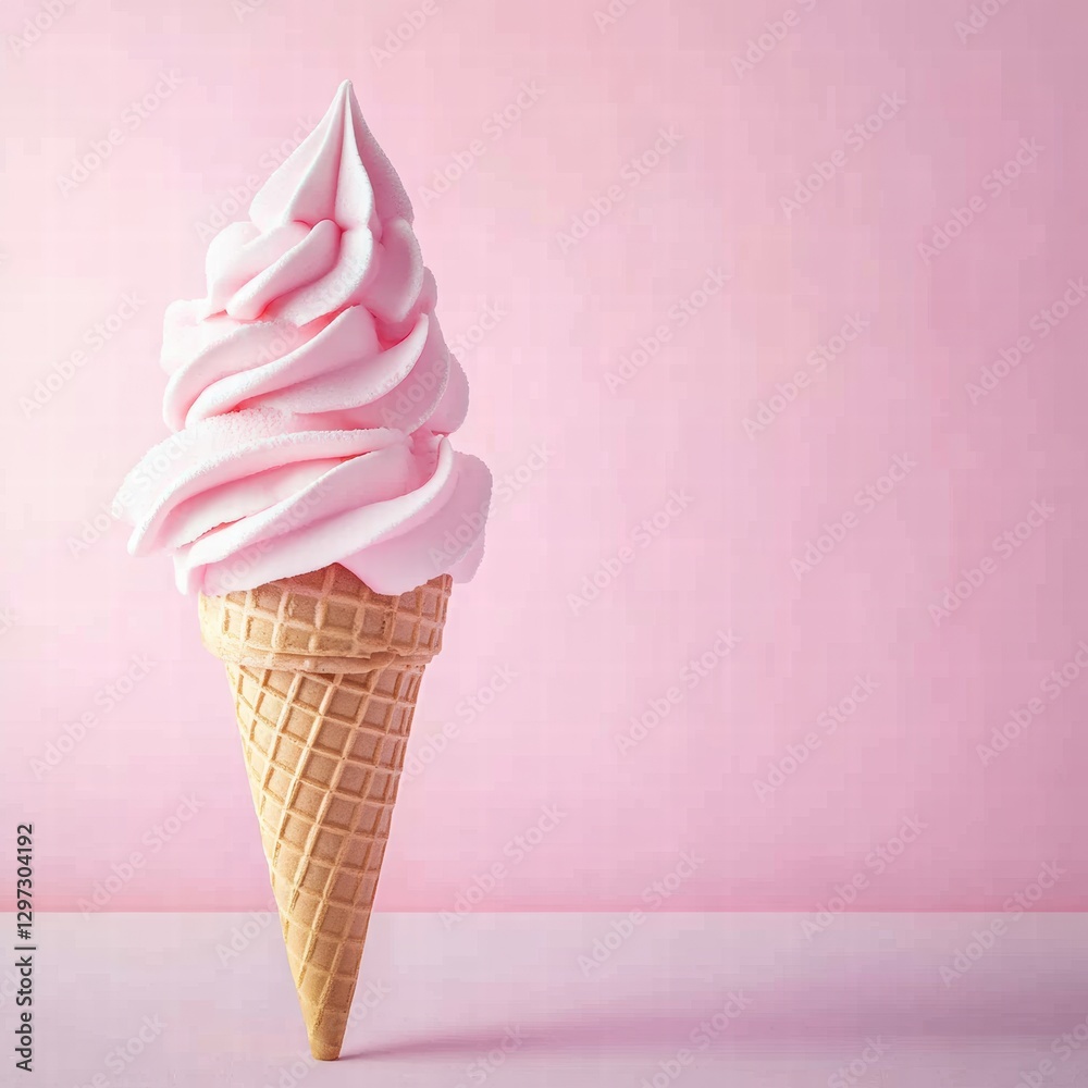Poster soft pink ice cream cone stands alone against a simple pastel background. generative ai