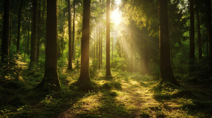 Obraz premium rays of sunshine passing through the branches of trees in the forest