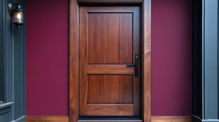 Warm walnut wood door design with black metal handle on deep burgundy wall