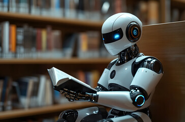 Fototapeta premium robot ai sits in the library and reads a book. Concept of text generation, AI training and information systematization