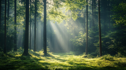 Naklejka premium rays of sunshine passing through the branches of trees in the forest