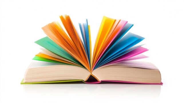Single book with brightly colored pages open showcasing vibrant hues isolated on white background. Generative AI - Powered by Adobe
