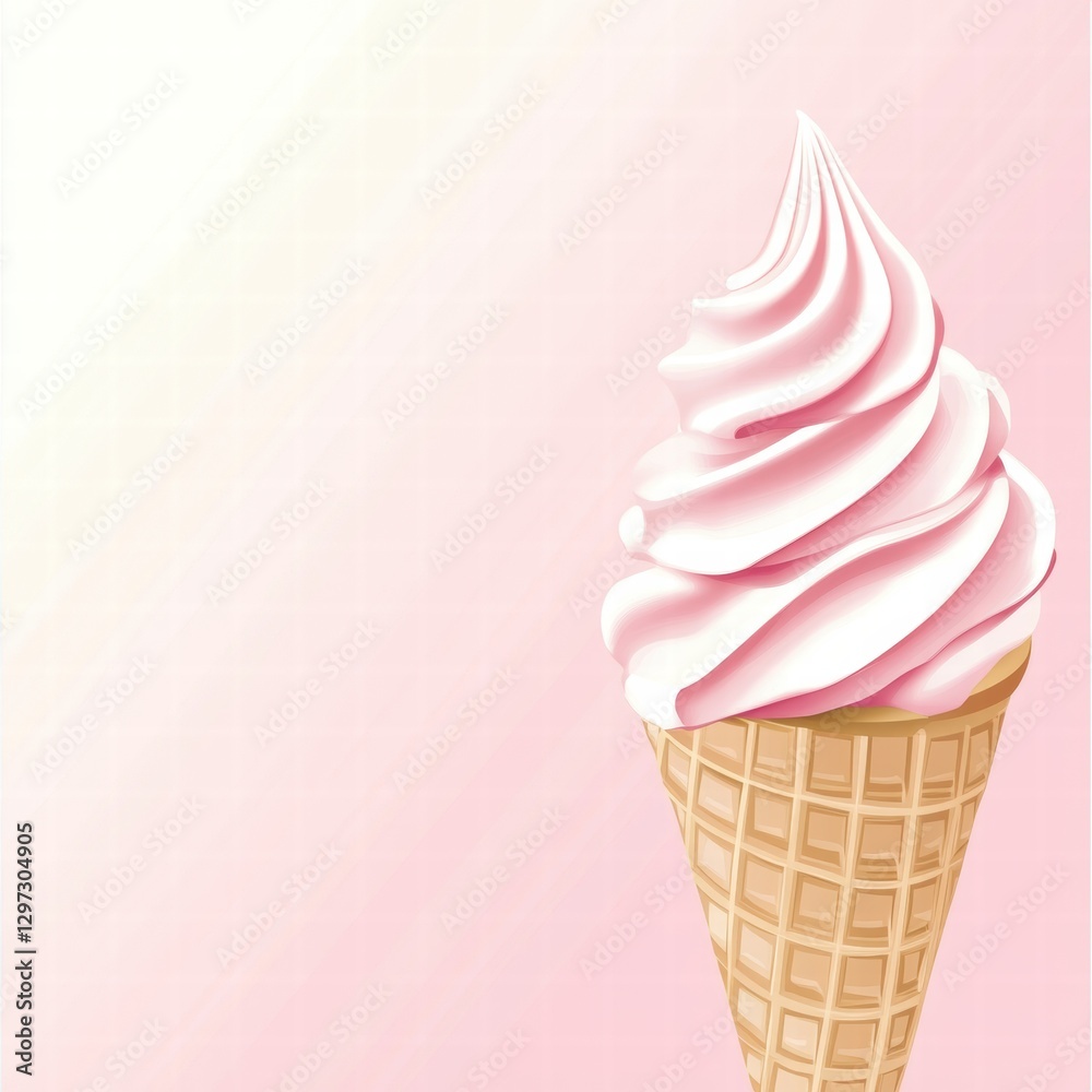Poster Soft serve ice cream cone with pink swirl against a pastel background in a summer setting. Generative AI
