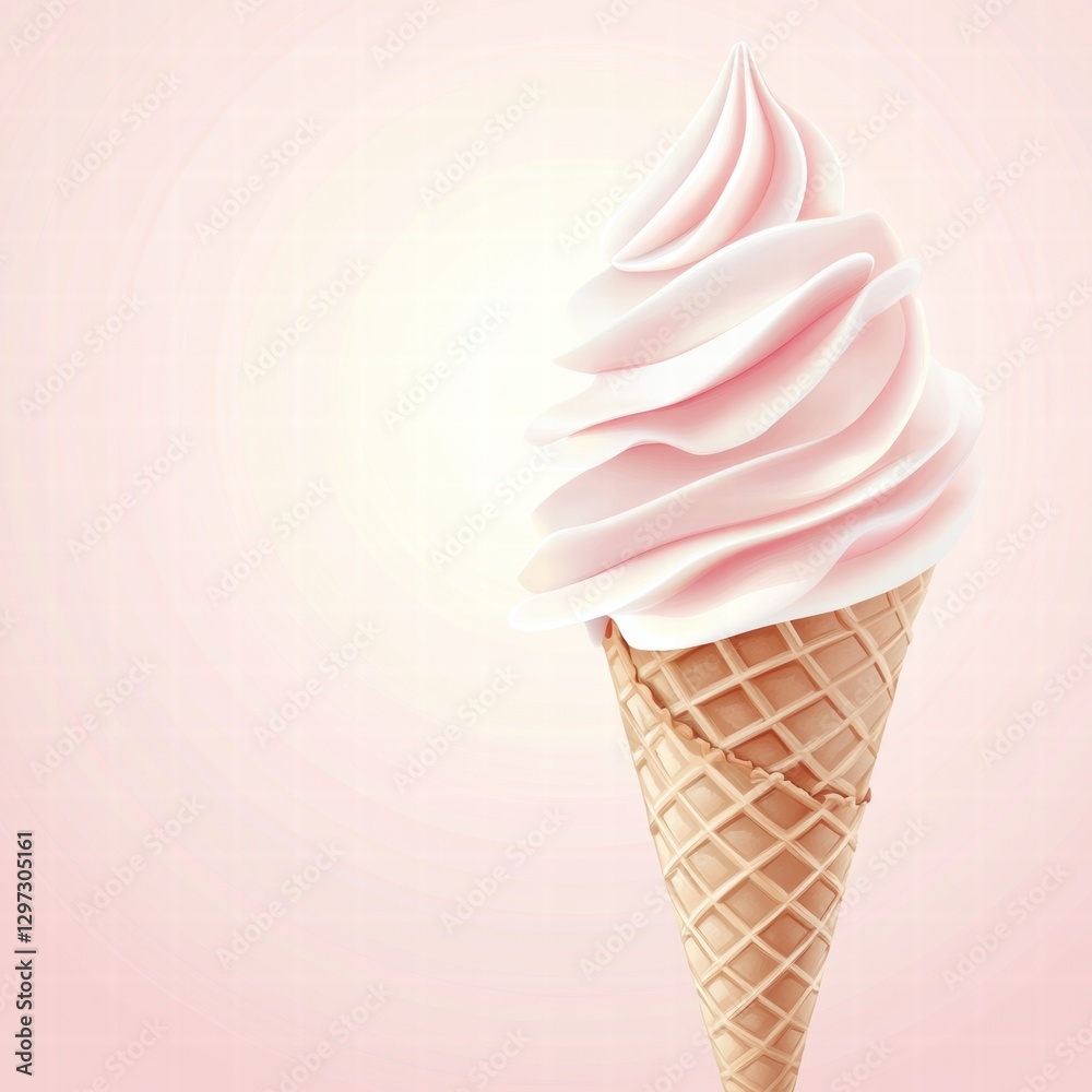 Poster soft serve ice cream cone with a swirl of pink and white on a light background enjoyed during summer