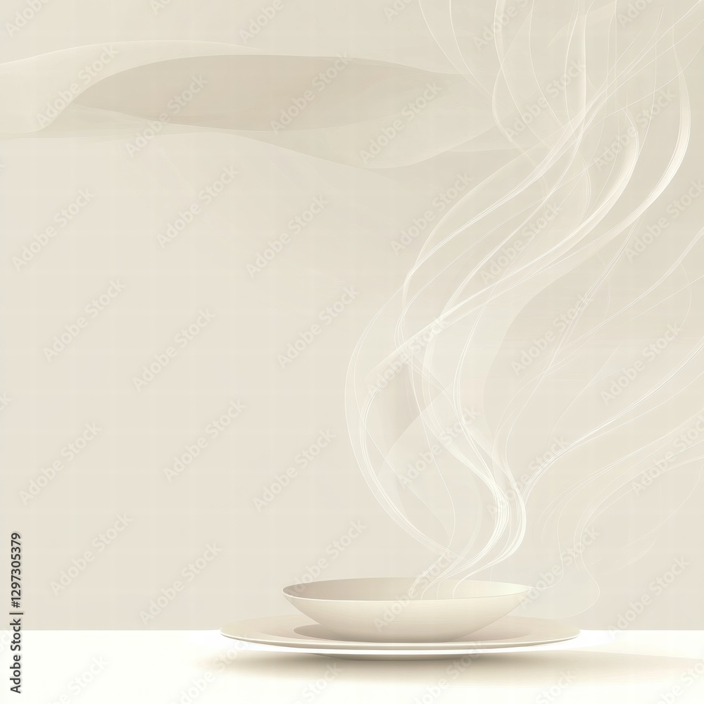 Aufkleber Warm steam rises from a white plate in a minimalist setting with soft colors in a calm atmosphere. Generative AI