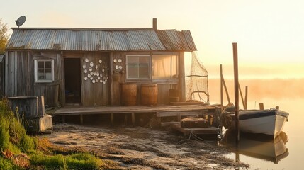 Obraz premium Sunrise over Fishing Hut and Boat: Golden Hour Coastal Scene