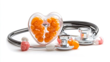 Heart-shaped container with orange capsules and a stethoscope isolated on white background. Generative AI