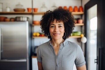 Fototapeta premium Portrait of a fit African American middle aged woman in modern kitchen