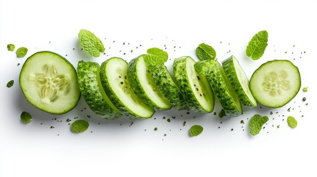 Fresh cucumber slices on white isolated background with mint leaves and pepper. Generative AI