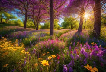 Naklejka premium vibrant nature trail adorned colorful display wildflowers full bloom during sunny day, flora, landscape, meadow, sunlight, greenery, picturesque, pay