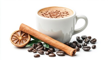 Fototapeta premium Coffee cup with cinnamon stick and coffee beans isolated on white background. Generative AI