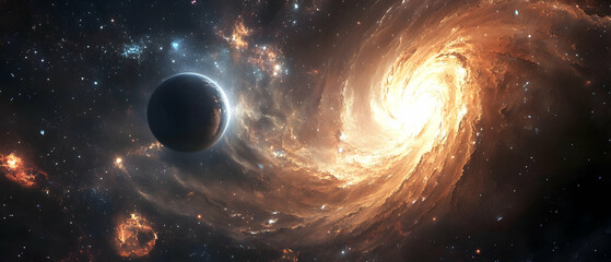 Cosmic voyage with swirling galaxy, nebula, and distant planet  -