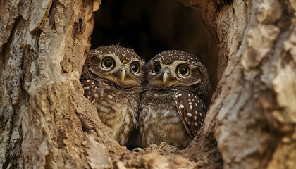 Cute spotted owlets sitting in a tree cavity  -