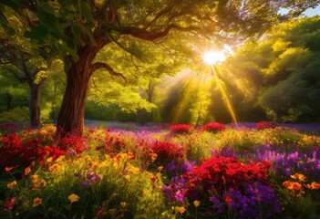 vibrant blooms contrast lush green foliage creating lively colorful natural scene full energy life, blossom, flower, petal, leaf, nature, garden, colors