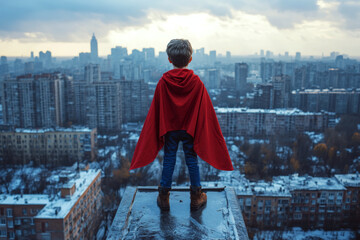Child stands on rooftop in a red cape overlooking a city. Concept of adventure and imagination. For storytelling on childhood dreams.