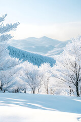 Obraz premium Winter's Embrace: The Serene Beauty of a Snow-Laden Landscape with Majestic Mountains and Pristine Snow-Covered Trees