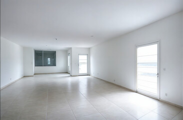 The image shows an empty, spacious living room with white walls, large glass windows, and a smooth, tiled floor.
