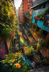 Fototapeta premium vibrant nature triumphantly reclaiming urban spaces through colorful creative uses discarded materials waste, artificial, jungle, ecosystem, found, objects