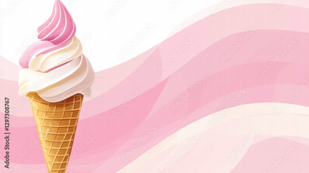 Poster colorful soft serve ice cream cone with pink and white swirls against a pastel background of flowing
