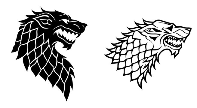 Black and white Wolf head, direwolf, heraldic symbol