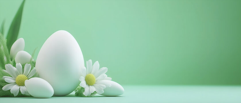 minimalistic, elegant green ester panoramic background with eggs and bright flowers; light, unique backdrop with copy space