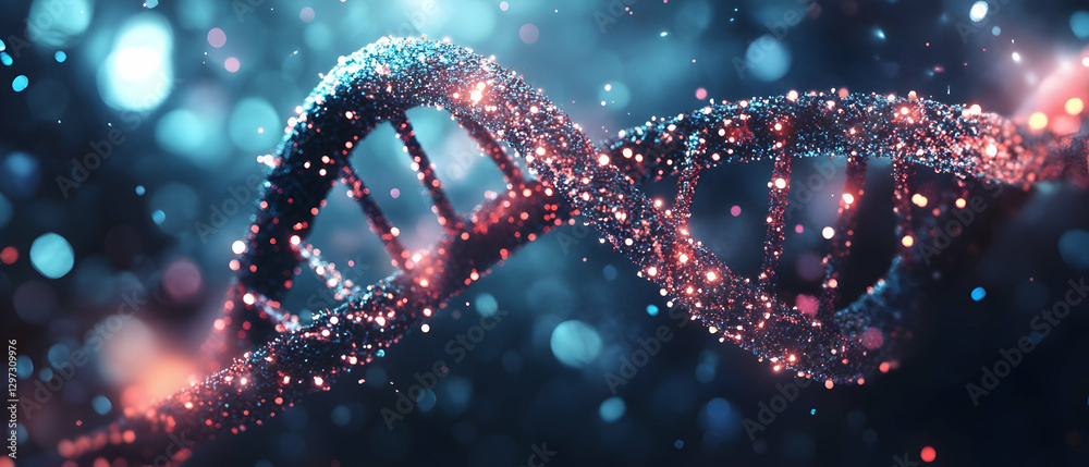 Wall mural dna double helix with luminous particles on an abstract background -