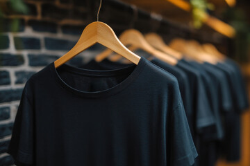 Classic black T-shirt hanging on wooden hanger against a dark brick wall in a stylish clothing display
