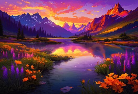 breathtaking dusk landscape adorned vibrant blending warm tones serene skies above majestic mountains lush greenery, sunset, twilight, horizon, sky, clouds
