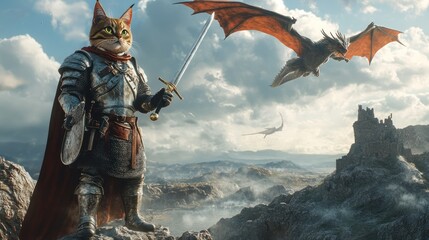 Naklejka premium Cat knight facing dragon, mountaintop castle backdrop