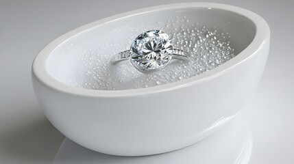 Sparkling Diamond Ring in White Ceramic Bowl Luxury Jewelry Cleaning Concept