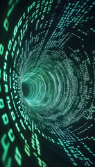 Dynamic visual of binary code streaming through a digital tunnel  -