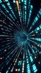 Dynamic visual of binary code streaming through a digital tunnel  -